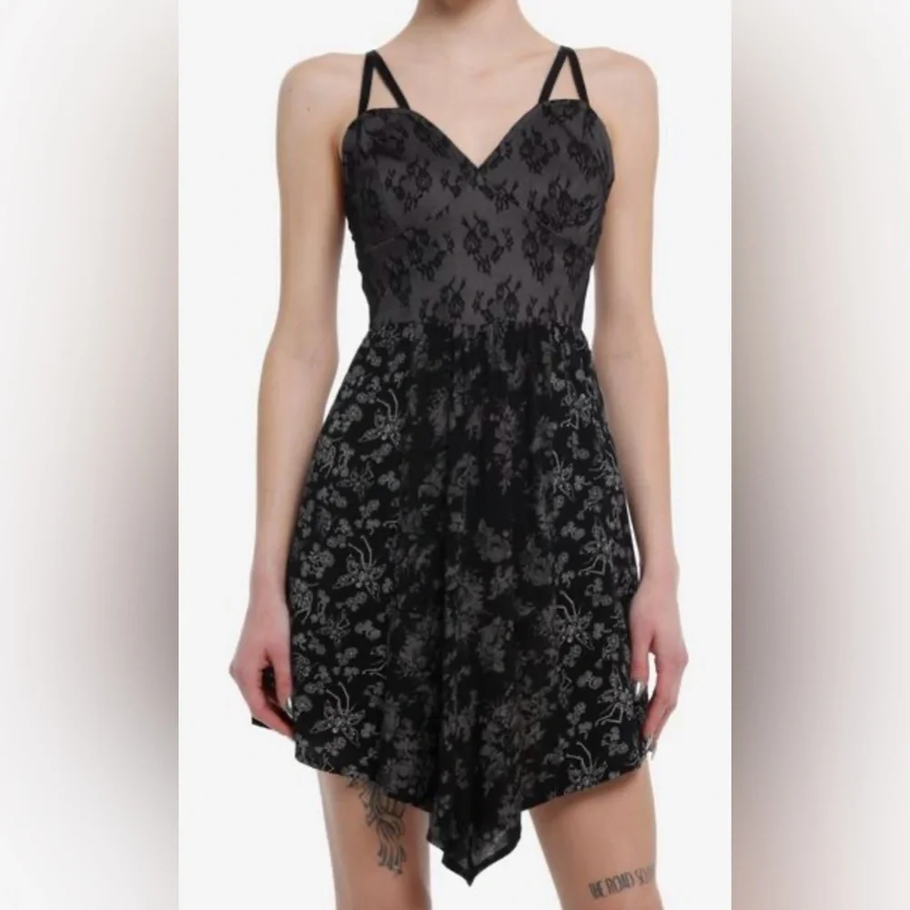 Cosmic Aura Black Lace Handkerchief Hem Mini Dress Goth Skulls Witchy Medium - Picture 1 of 13
